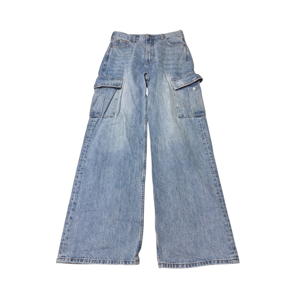 Denim Forum The Farrah Hi-Rise Wide Leg Cargo Jeans Blue Womens 25X31